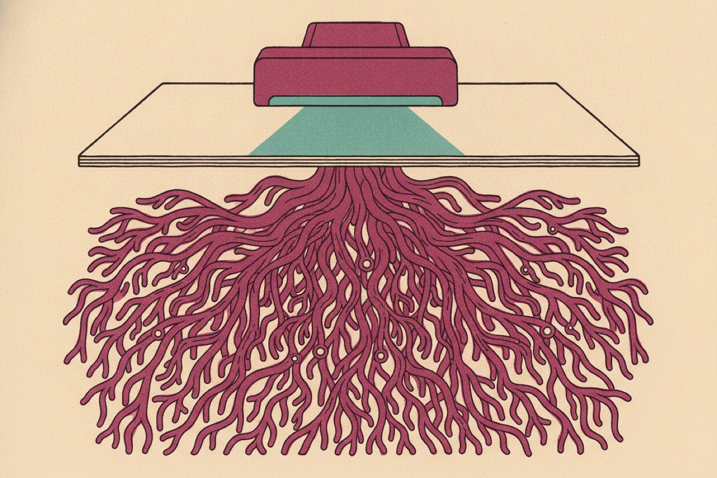 Risograph illustration of a scanning bar grazing the surface of a single sheet of paper while a vast root system spreads out unmeasured below it.