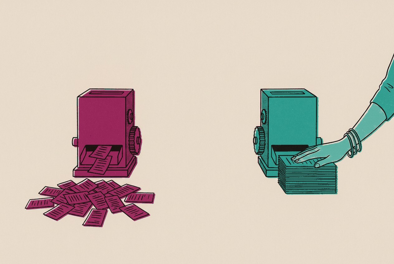 Risograph illustration of two counting machines: one spilling a chaotic heap of slips, the other producing a neat stack with a woman's hand resting on it.