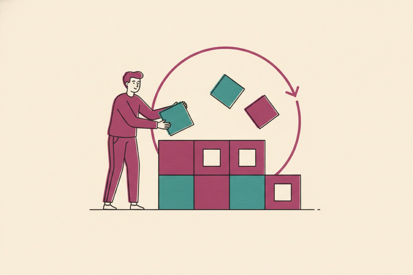 Risograph illustration of building a modular structure and filling its gaps.